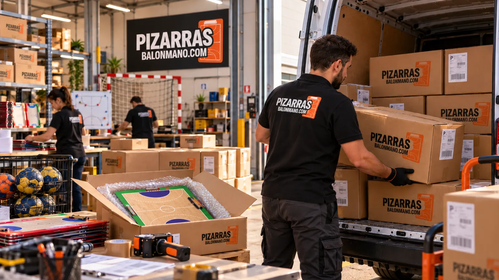 Magazzino di lavagne da pallamano e carico delle scatole per la spedizione