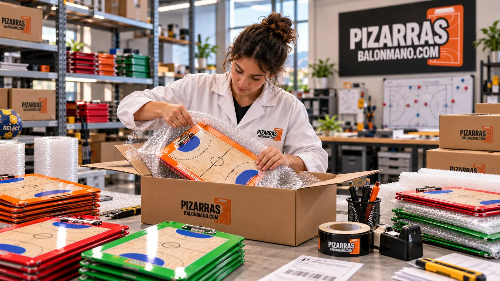 Lavagna da pallamano protetta con il pluriball prima della spedizione