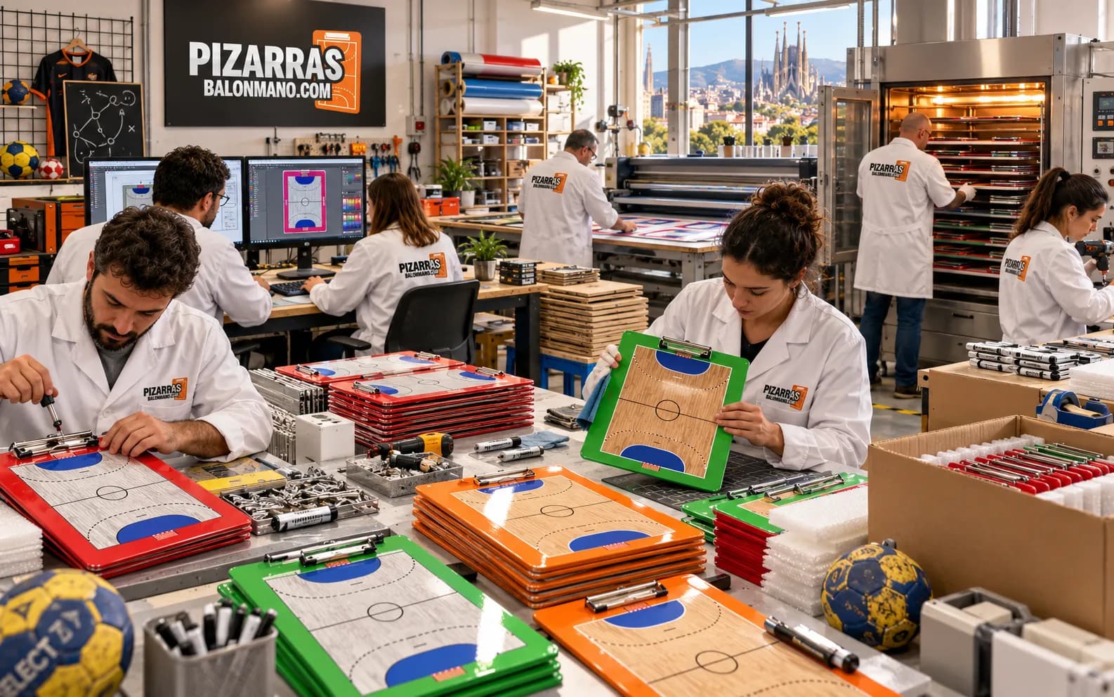 Laboratorio di lavagne tattiche da pallamano, con lavagne colorate sui tavoli